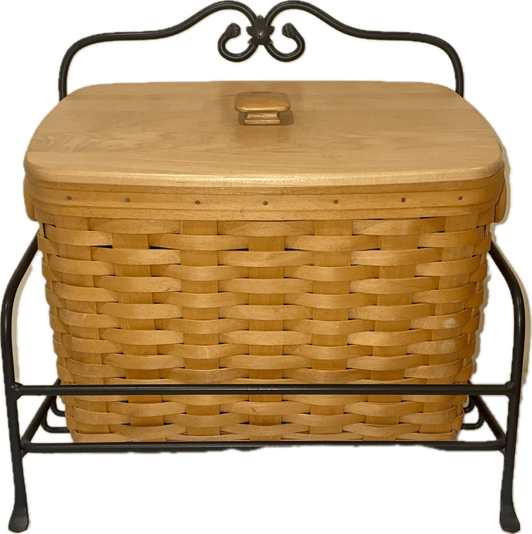 Longaberger 1999 Newspaper Basket with Wrought Stand, Protector and Lid