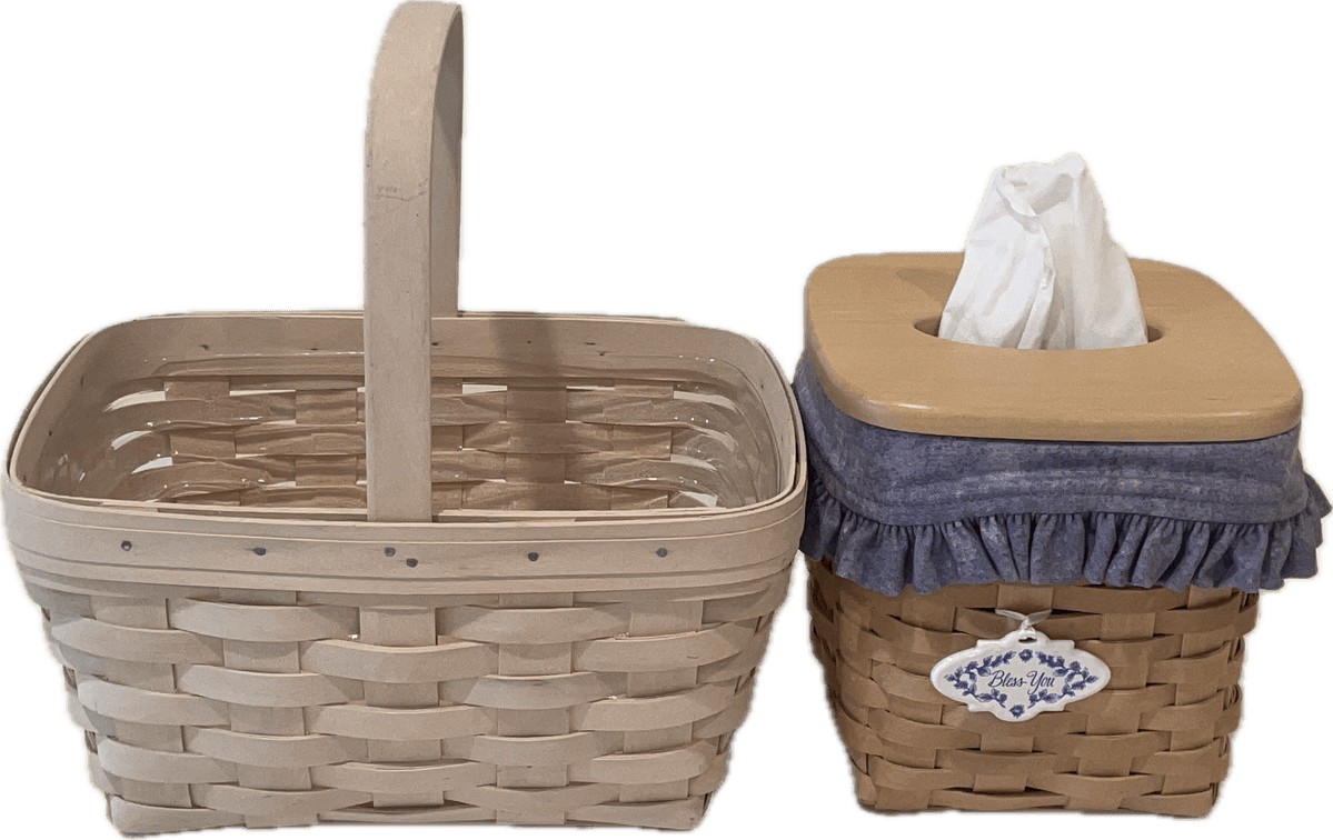 Longaberger 1999 Tissue Basket with Tie-on and Liner and 2001 Whitewashed Spring Basket