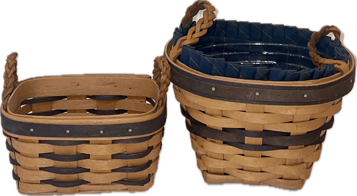 Longaberger 1998 Collectors Club Basket with Liner, Protector and Leather Braided Handles and 1995 Heartland Small Basket With Leather Braided Handles