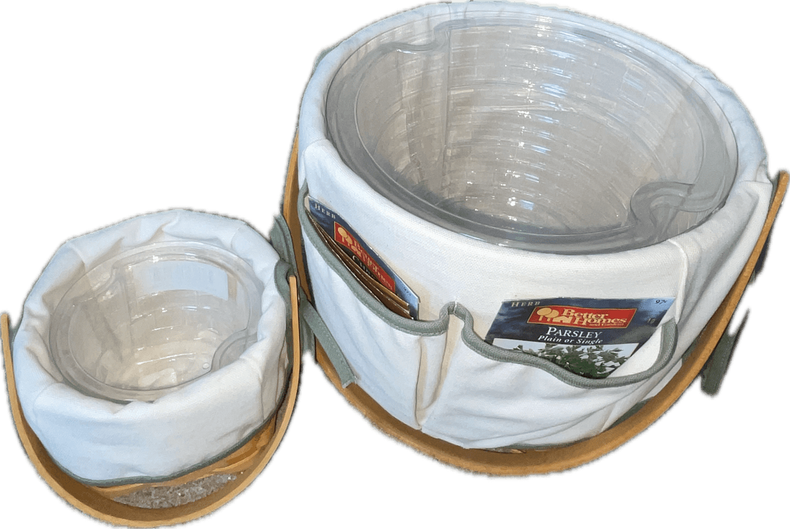 Longaberger 1996 9” Measuring Basket With Gardening Liner, Seed Packets and Gardening Tool and Protectors and 2001 5” Measuring Baskets with Liner and Reg and Gardening Protector