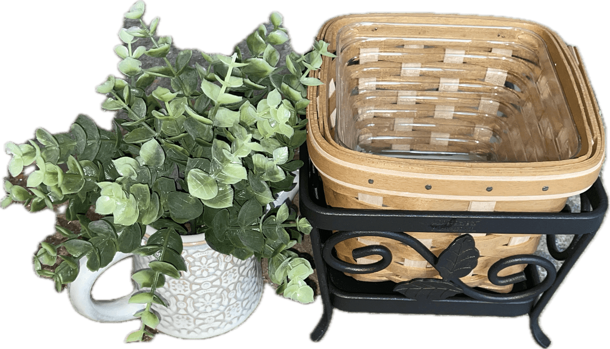 Longaberger 2004 Seeding Basket with Wrought Iron Stand, Protector, Gardening Protector and Mug with Plant