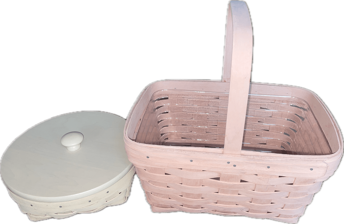 Longaberger 2000 Whitewashed Small Catch All with Lid and Protector and Pink Spring Basket with Liner