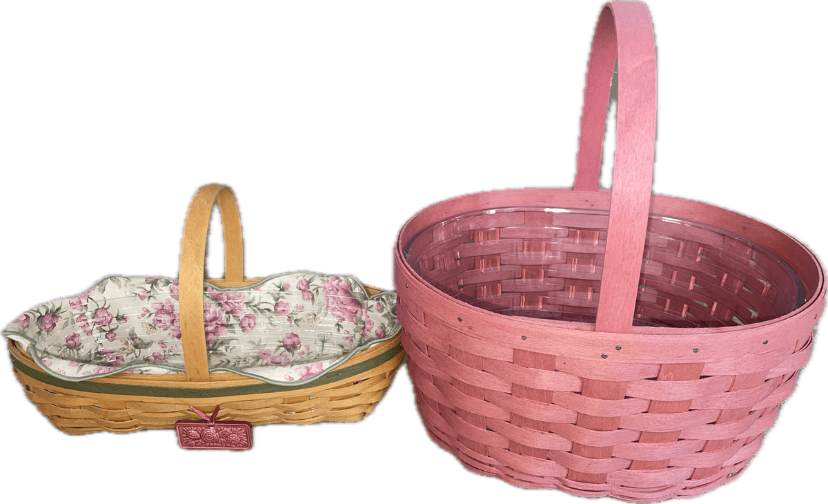 Longaberger 2001 Peony Basket with Liner, Tie-on and Protector and 2008 Oval Spring Pink Basket with Heavy Duty Protector