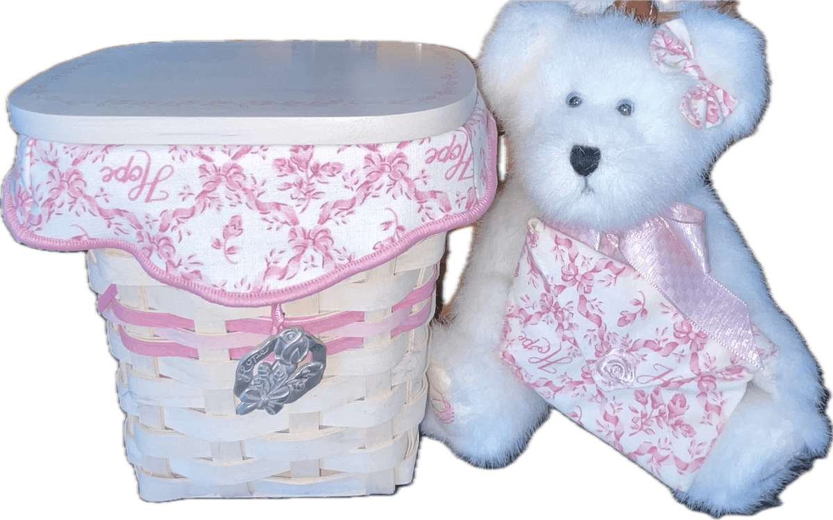 Longaberger 2004 Whitewashed Horizon Of Hope Basket with Boyd’s Lil Love Bear, Liner, Protector and Tie-on