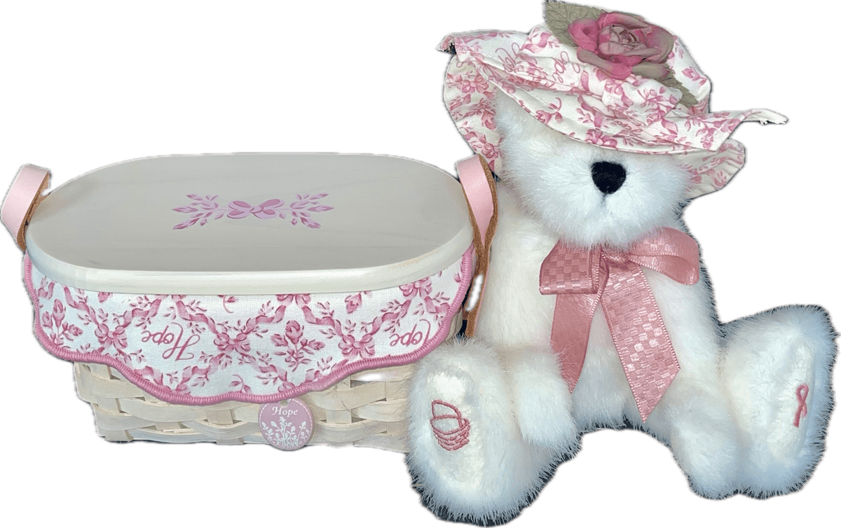 Longaberger 2005 Whitewashed Horizon of Hope Basket with Boyd’s Bearywel Bear, Lid, Liner and Protector