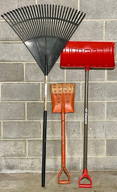 Leaf Rake, Garant Snow Shovel and Shovel