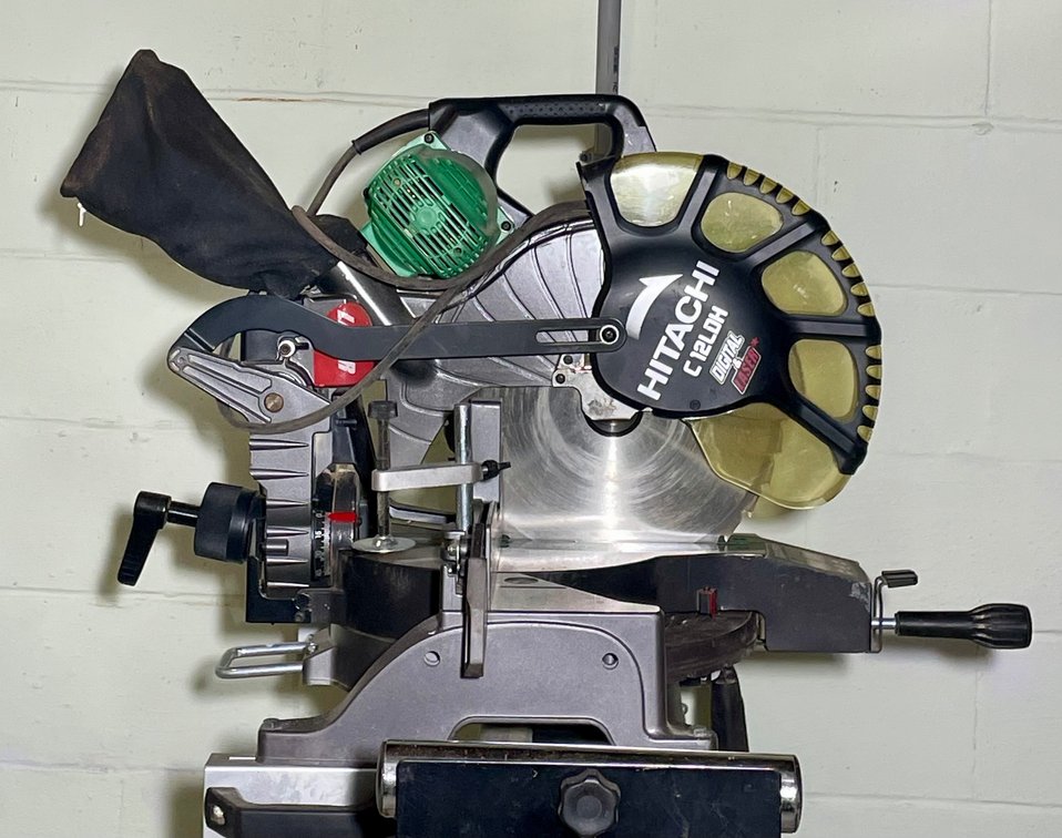Hitachi C12LDH Digital and Laser 12” Compound Saw on Rolling Ryobi Stand