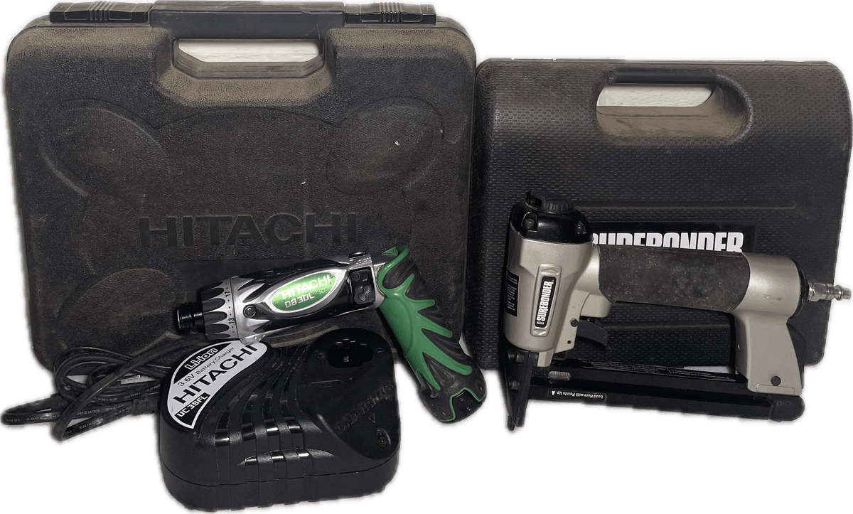 Hitachi Battery Operated DB 3DL Driver Drill and Sure Bonder Air Stapler