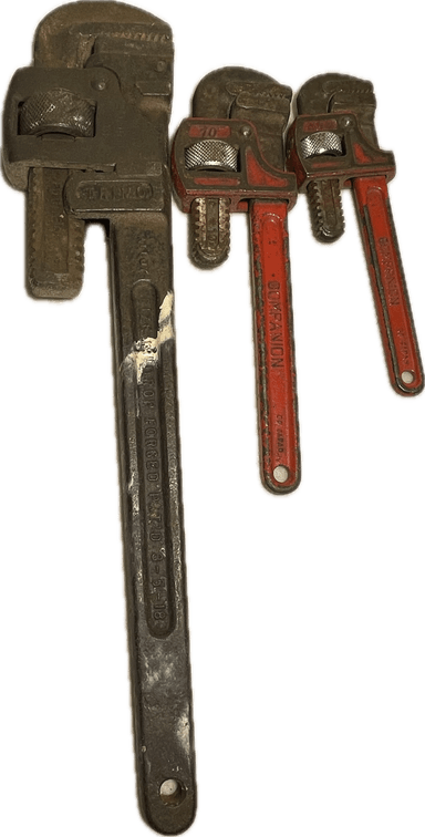 Trimo 18” Pipe Wrench and Companion 8” and 10” Pipe Wrenches