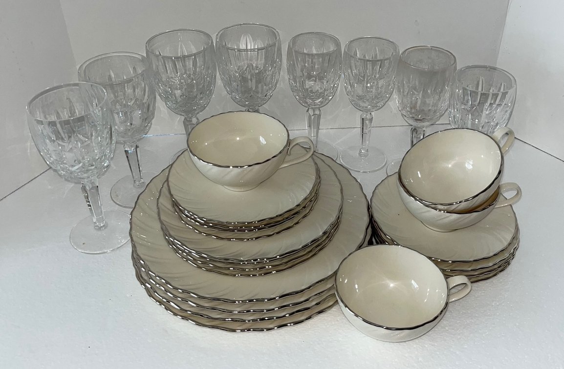 Lenox Place Setting For 4 Including Dinner, Salad, Saucers and Cups and 8 Wine Glasses