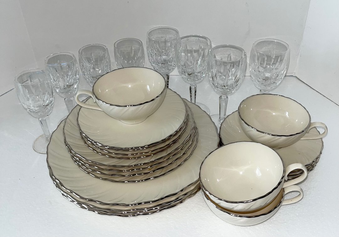 Lenox Place Setting For 4 Including Dinner, Salad, Saucers and Cups and 8 Wine Glasses