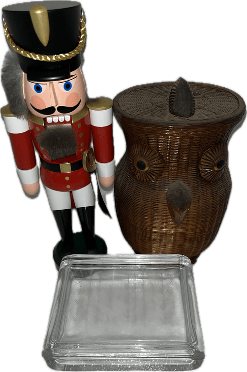 German Made Nut Cracker With Owl Basket and Glass Dish