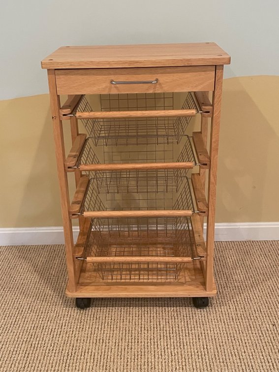 Wooden Rolling Stand With Drawer and Four Wire Pullout Baskets