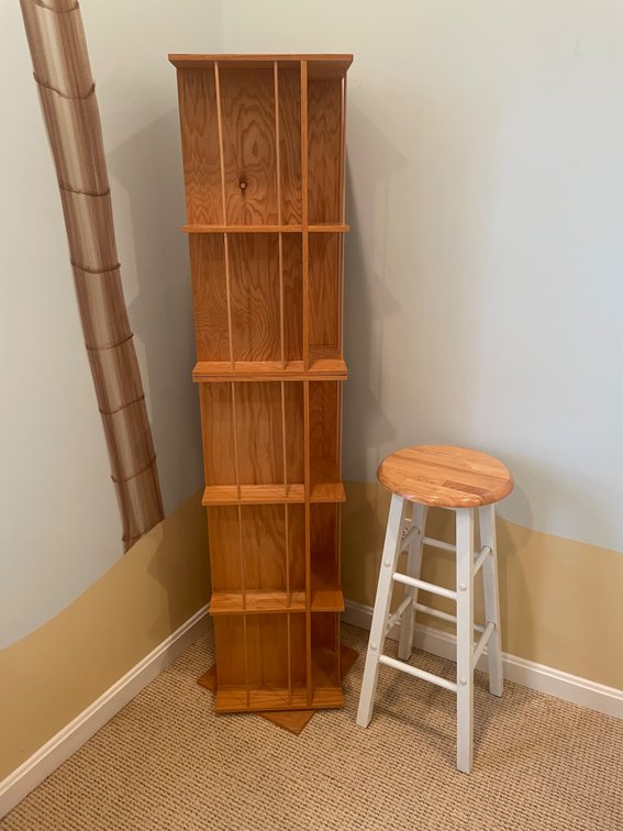 Wood Turning Magazine Rack and Metal Bar Stool