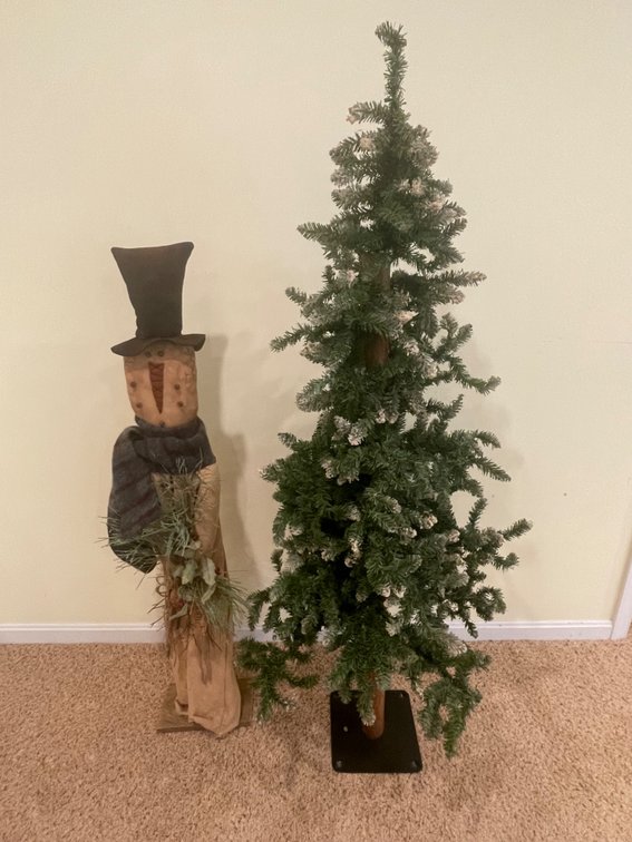Rustic Primitive Snowman and Snow Dusted Faux Tree 