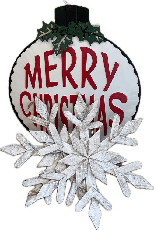 Oversized Metal Merry Christmas Ornament and Wooden Snowflakes