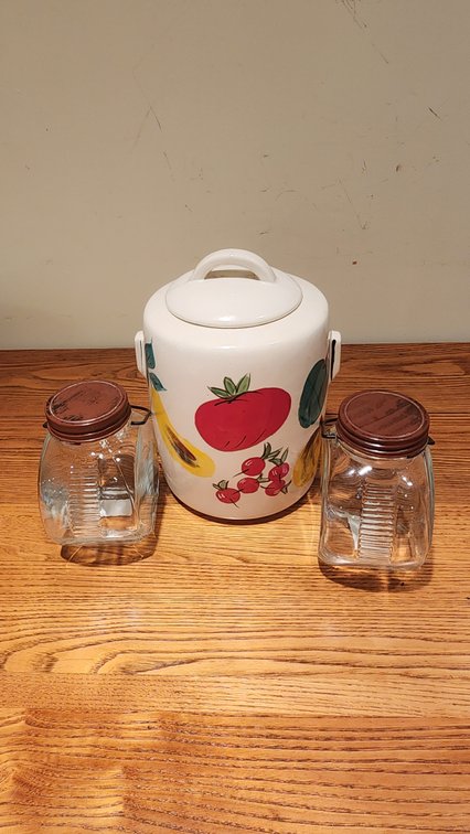 McCoy Cookie Jar and Two Tender Heart Treasures Jars With Metal Lids and Handle