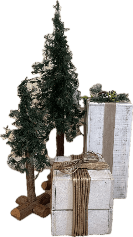 Wooden Rustic Christmas Gift Boxes and Two Small Trees