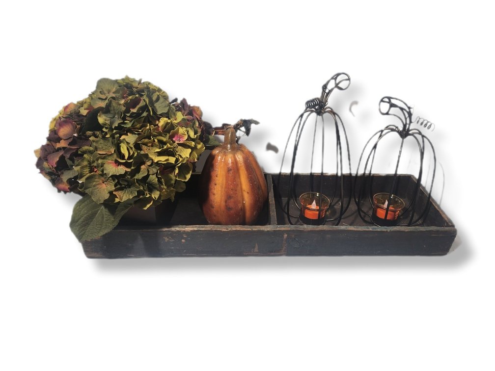 Two Metal Wire Pumpkins With Battery Candles, Floral Deco, Pumpkin and Divided Wood Tray