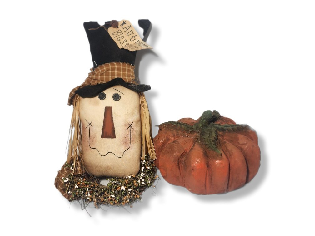 Carved Wood Pumpkin and Scarecrow Head Decor