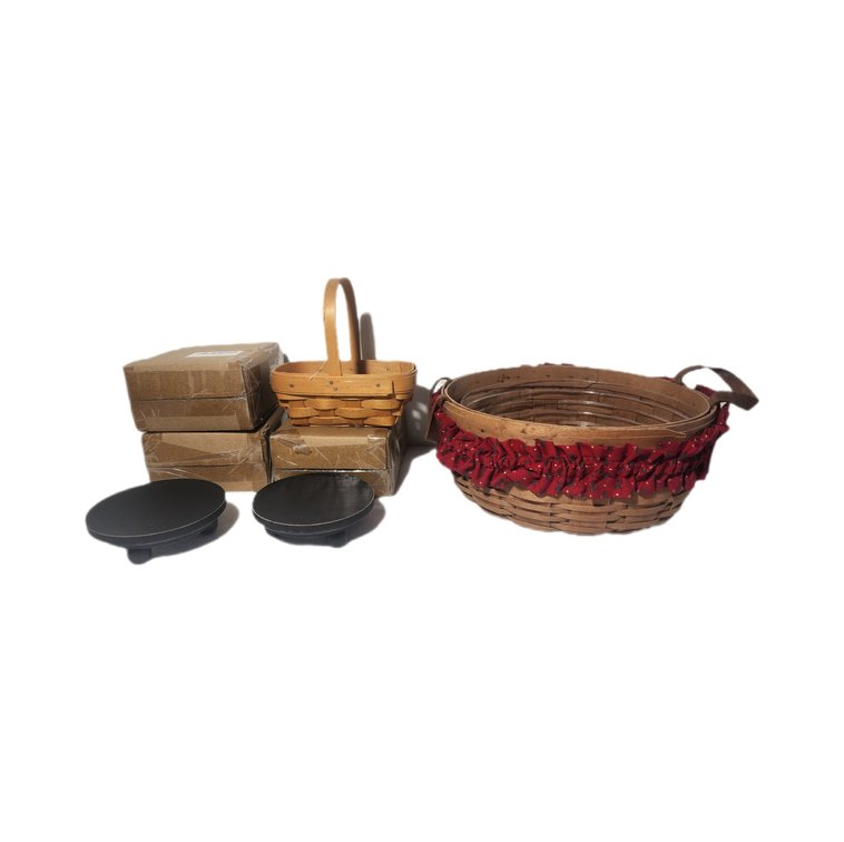Two Longaberger Baskets (Larger 1987), 3-2Pack Boxes of Defined Deco Mini Risers 1.5"