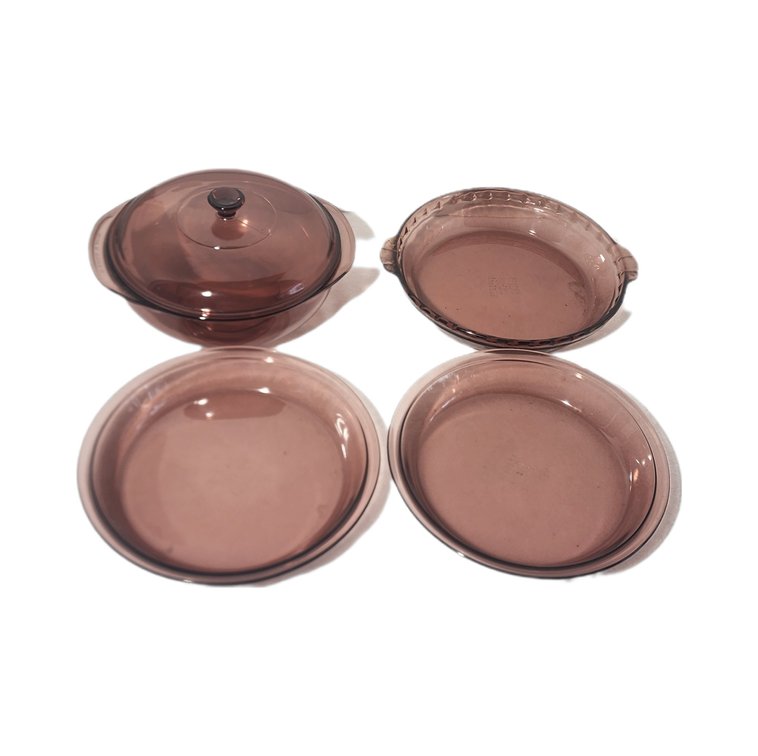 Cranberry Purple Pyrex,  2 10" Pie Dishes, One Scalloped Edge Pie Dish 10', One 8 3/3" Dish With Lid 