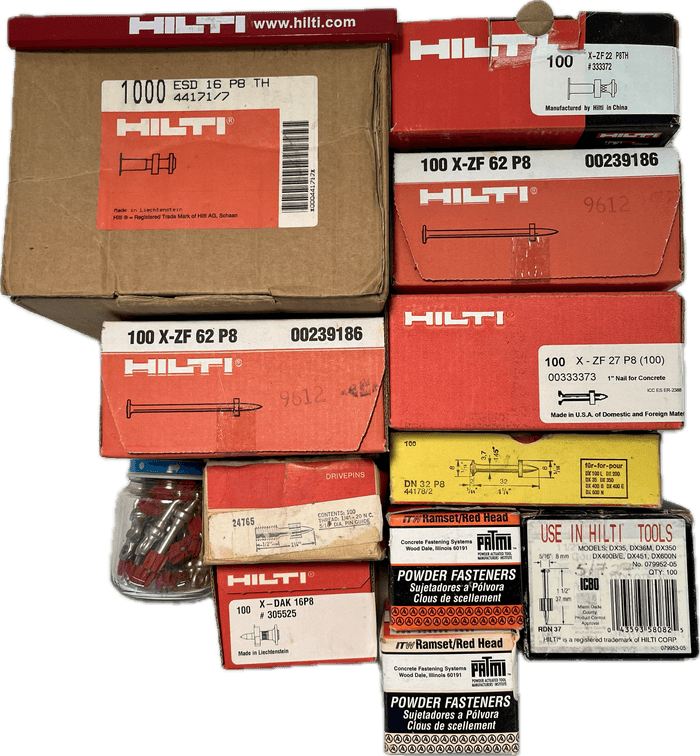 Variety of Hilti, Ramset, and Remmingtin Fasteners/Nails