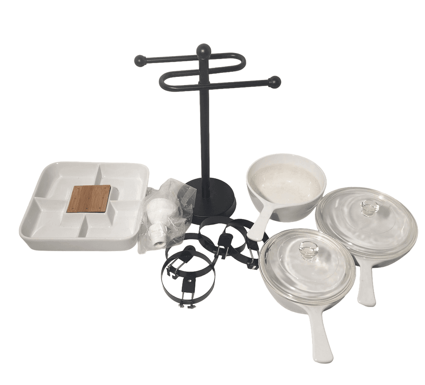 Two Corning Ware With Lid 1 Pint and 6.5", Double Arm Tea Towel Holder 12", Ceramic Square Serving Tray 21" Sq, Egg Rings