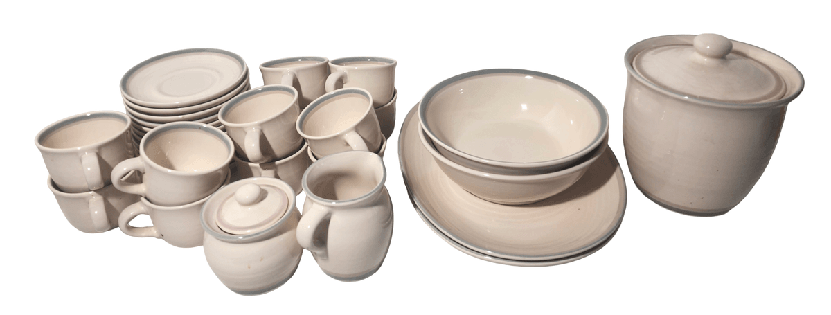 Pfaltzgraff Aurora Pink Coffee Cups(12), 12 Saucers, Cream, Sugar, 2 Serving Platters 14"x10" 2 Serving Bowls 8.5", Canister 6.5"