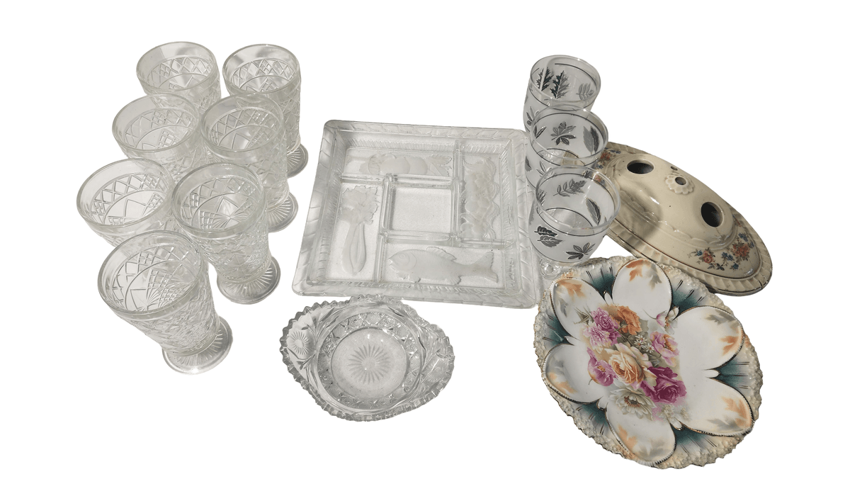 7 Hazel Atlas Big Top Peanut Butter Glasses, R.S.Prussia Antique Plate 8.5", Vintage Porcelier Double Victorian Light Cover, Other Glass Items