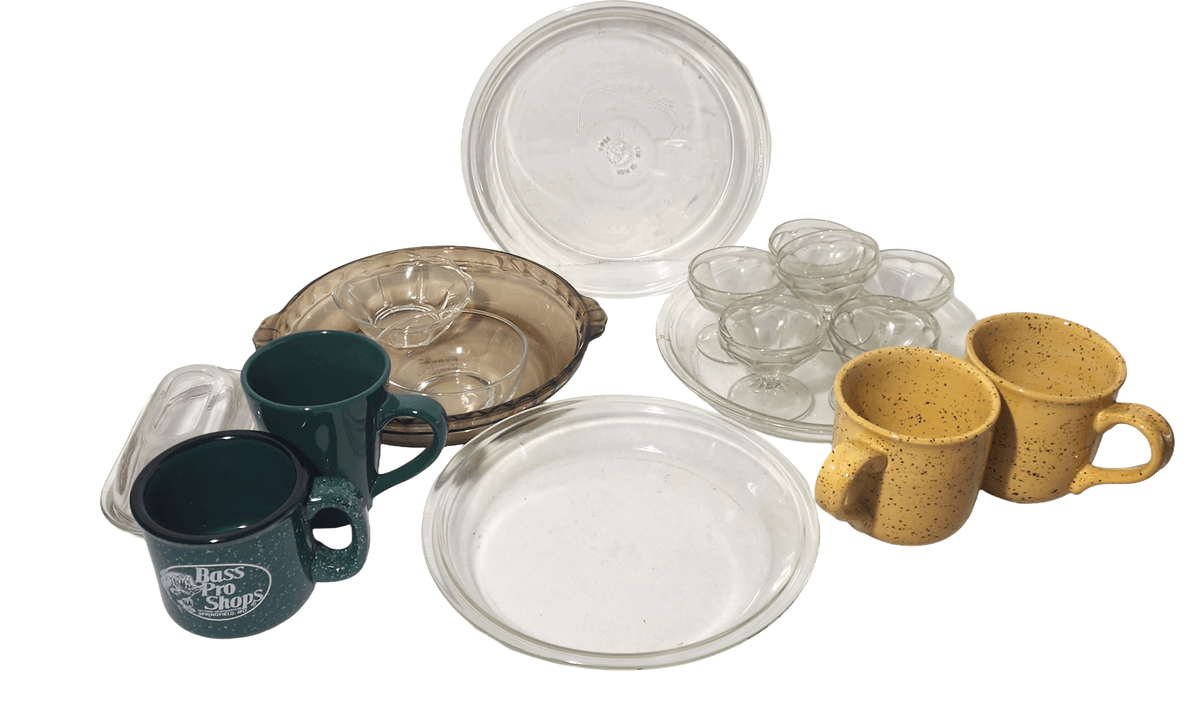 Two Pfaltzgraff Nuance of Gold Coffee Mugs, Three 10" Pyrex Pie Dishes, 10" Fluted Edge Pyrex Pie Dish, Six Footed Sherbert Dishes