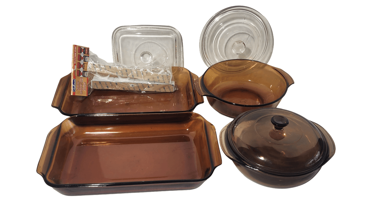 Two Anchor Hocking Amber Baking Dishes 8.5"x13", Anchor Hocking Baking Bowl 8.5", Pyrex With Lid 8", Misc Lids,  Spice Gripper Clip Strip