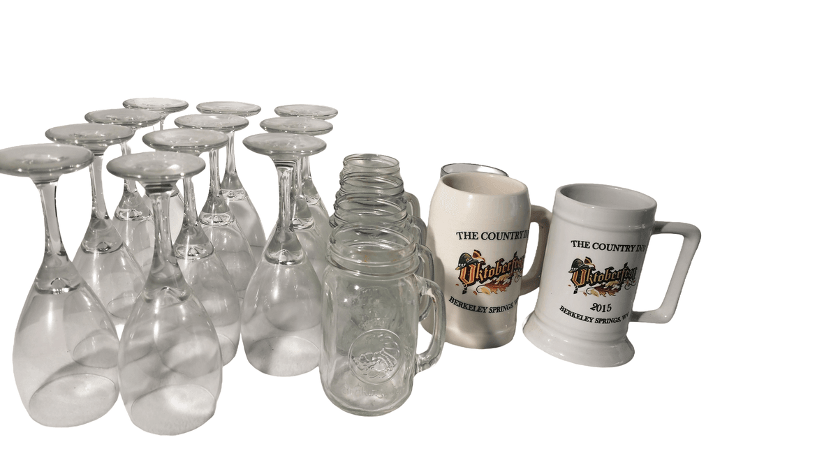 Four Gold Harvets Drinking Jars, Two "The Country Inn" Octoberfest Mugs, Wine Glasses