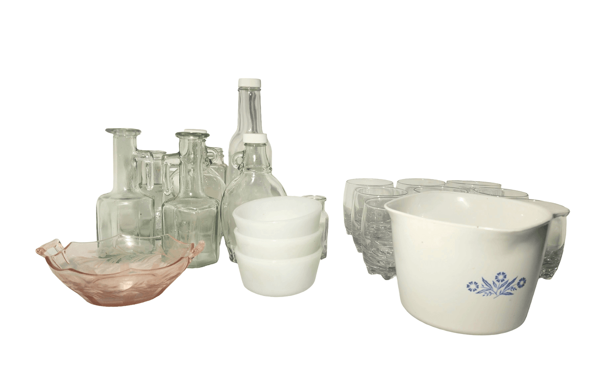 Bormioli Roca Galassia Rocks Glasses (8), Corningware Batter Bowl, Pink Depression Glass, Assorted Glass Bottles, Small White Anchor Hocking Bowls