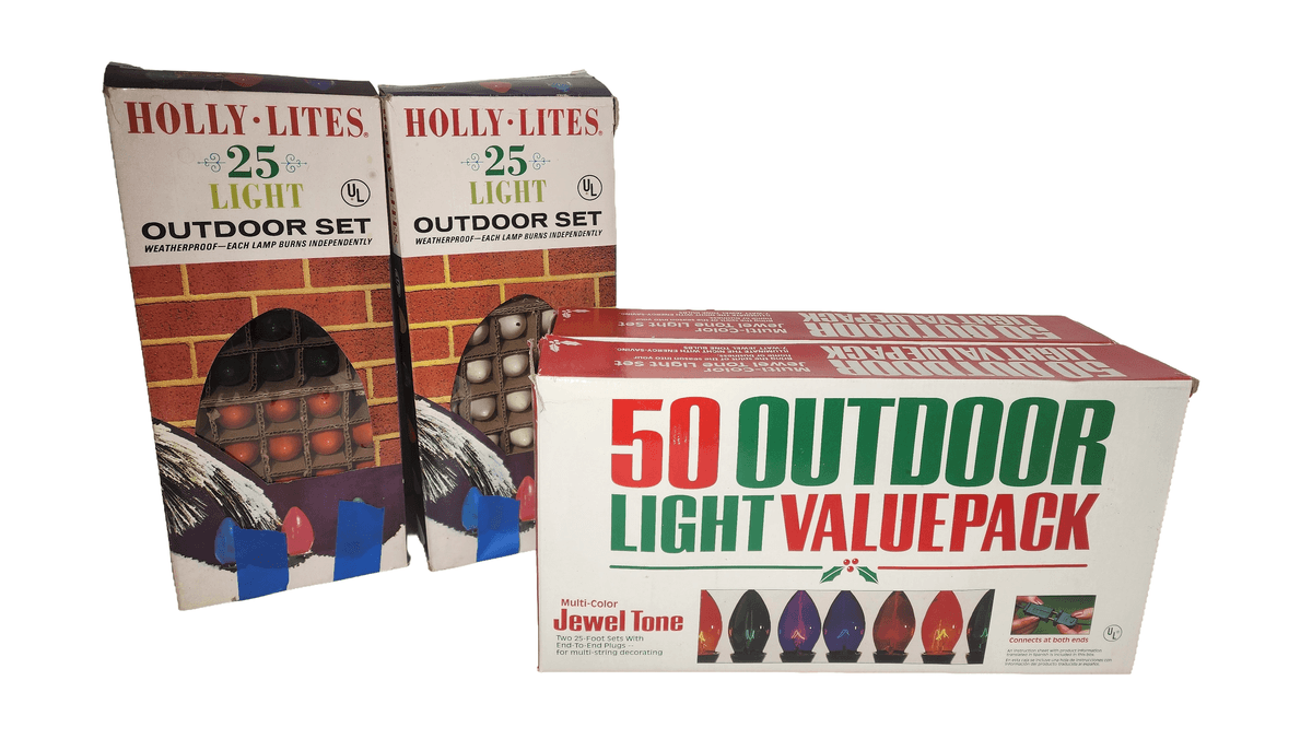 Two Sets of Outdoor Multi-Color Jewel Tone String Lights (Work) and Two Boxes of Bulbs Only For Lights, Approximately 50 Per Box