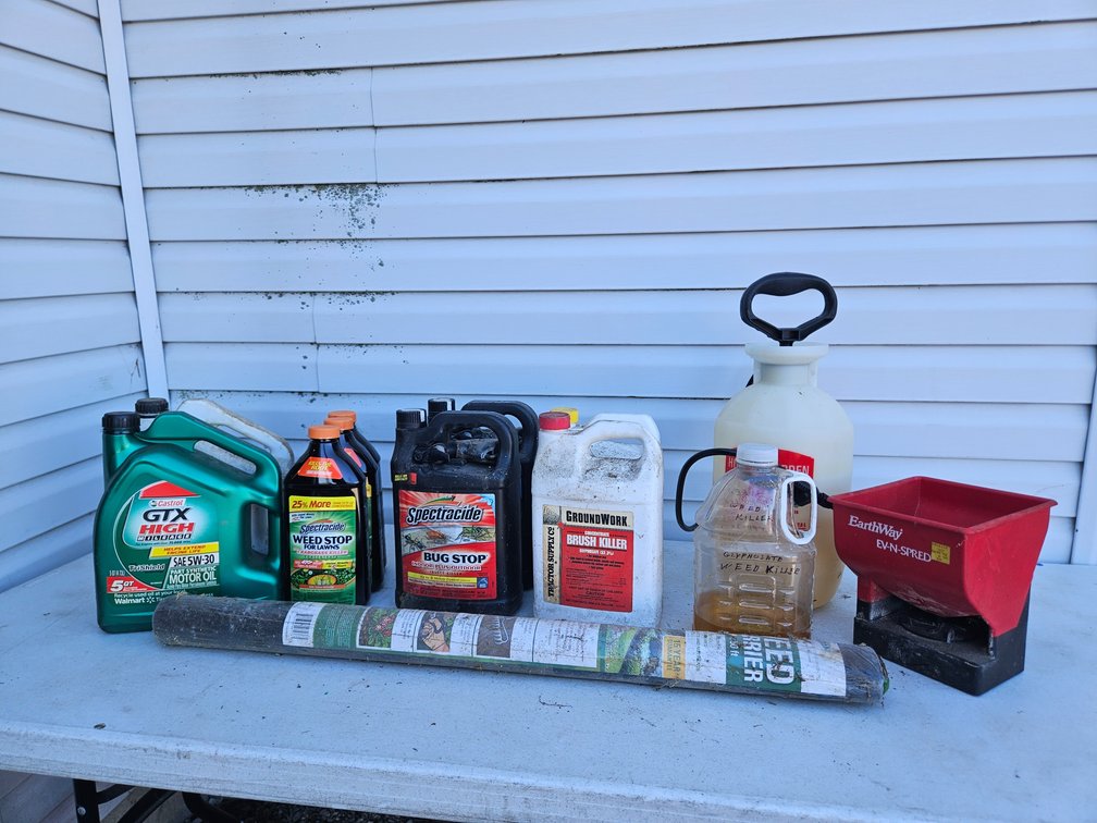 Synthetic Motor Oil (2), Weed Stop (3), Bug Stop (2), Brush Killer (2), Weed Killer, EarthWay Spreader, Home and Garden Sprayer, Weed Barrier