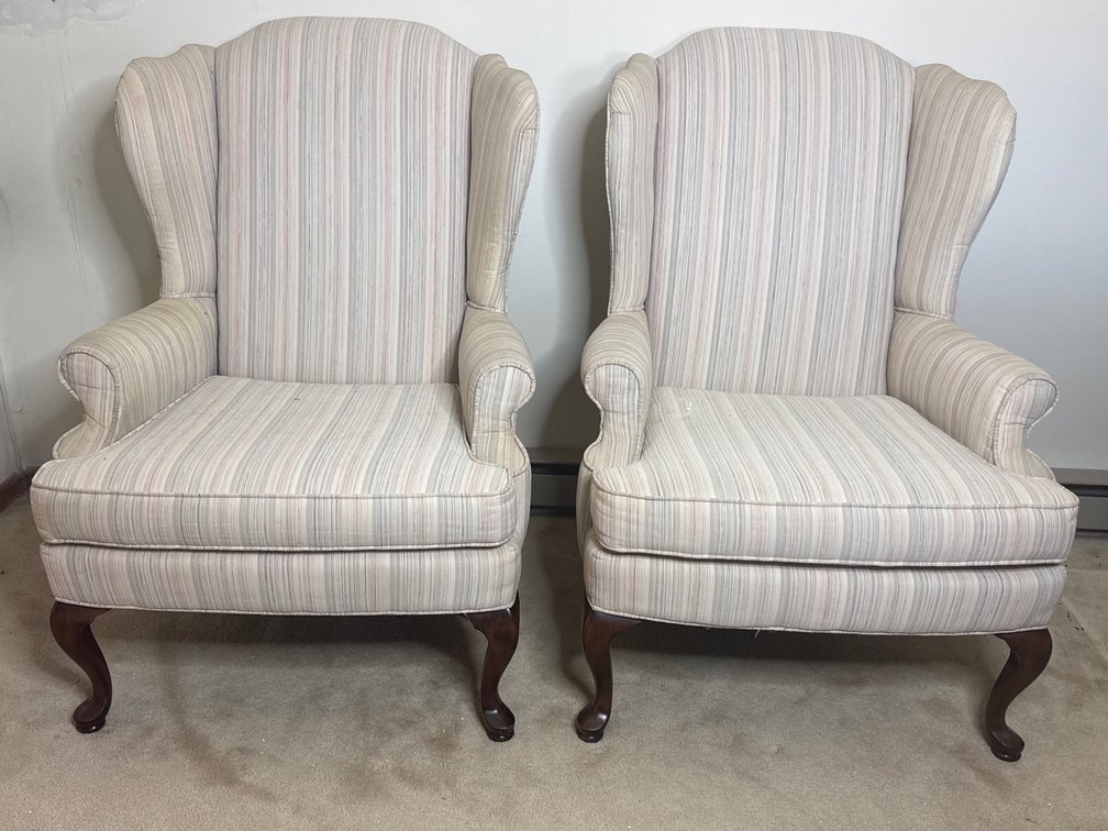 Queen Anne style striped wingback chair’s with wood legs
