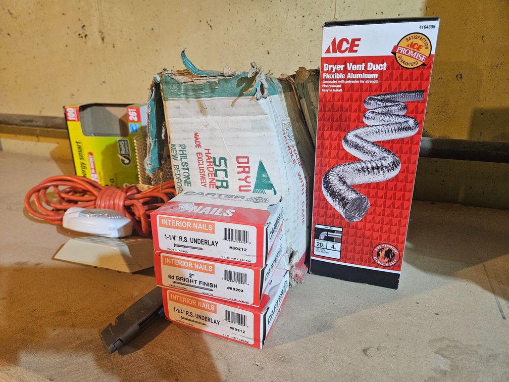 Nails, Drywall Screws, Dryer Vent Duct, Light Bulbs, Extension Cord, Pocket Knife, Box Cutter, Metal Mesh, Outlet Expander