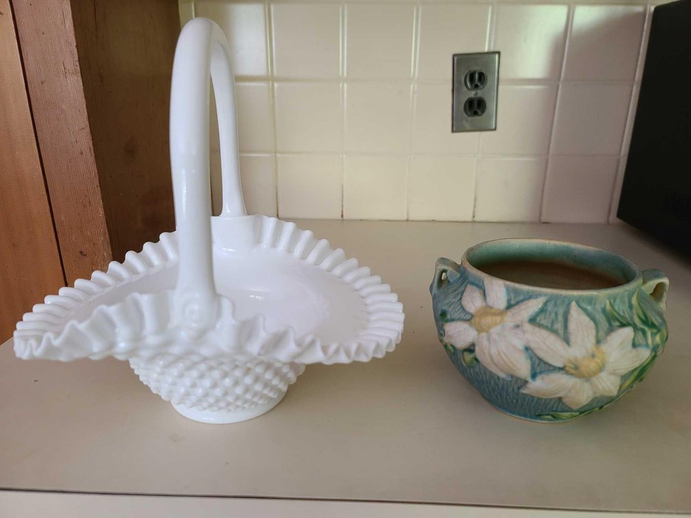 Milk Glass Hobnail Basket/Roseill Clematis Basket