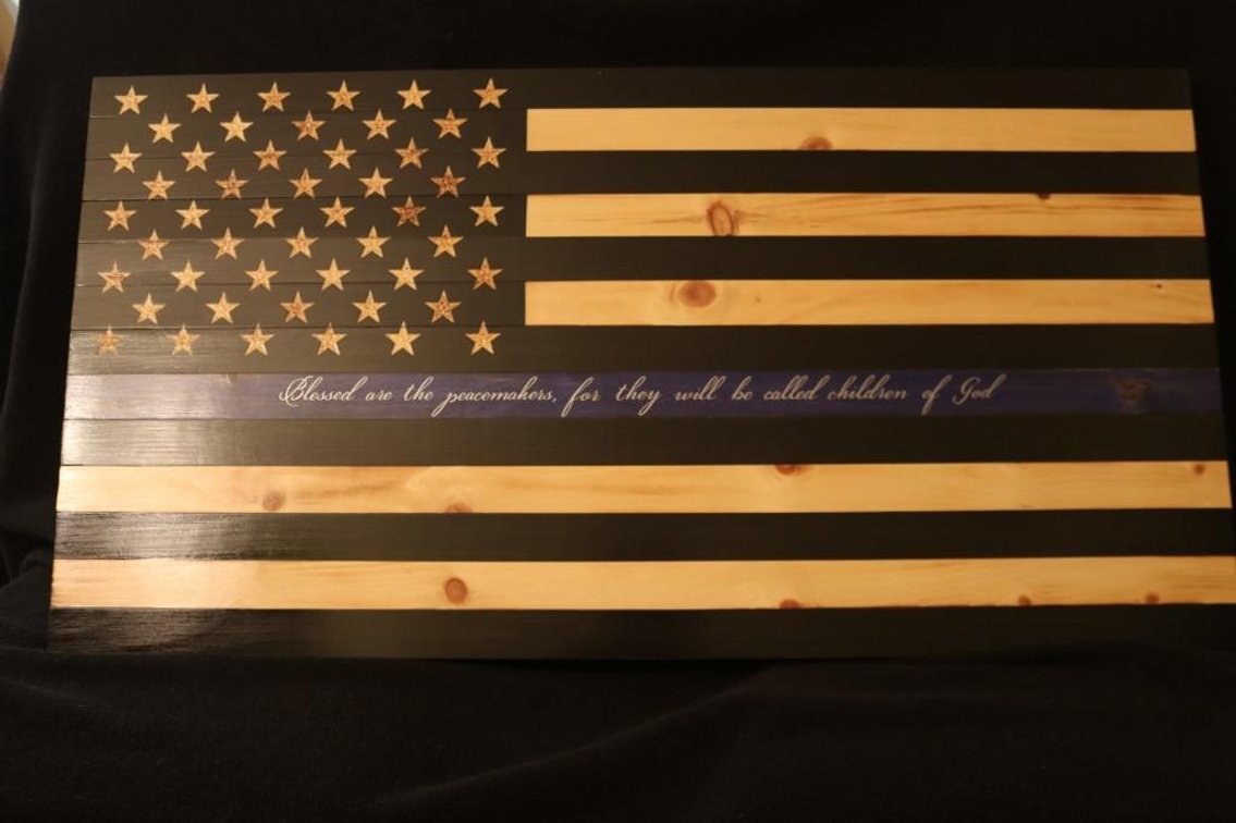 Thin Blue Line wooden flag handcrafted by Jonathan Lewis (WSPD)