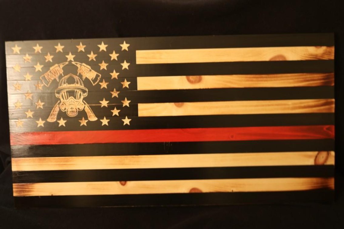 Thin Red Line wooden flag handcrafted by Jonathan Lewis (WSPD)