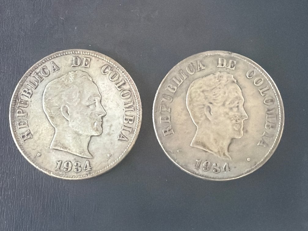 (2) 1934 Republic of Colombia 50 Centavos Silver Coin