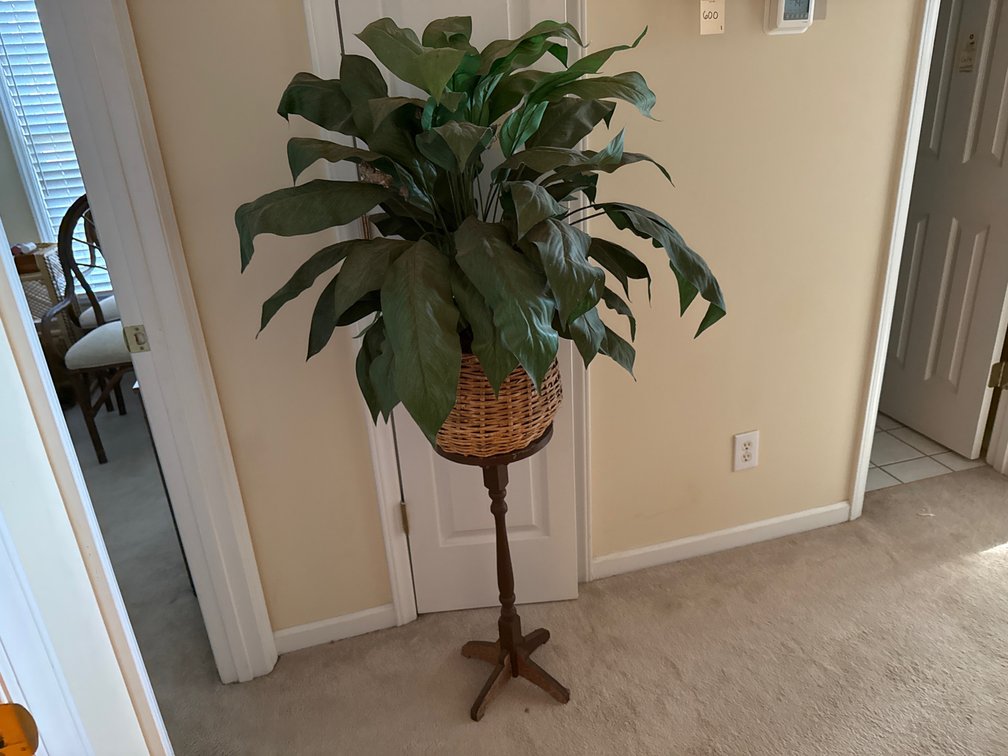Turned Wood Pedestal Stand with Artificial Plant