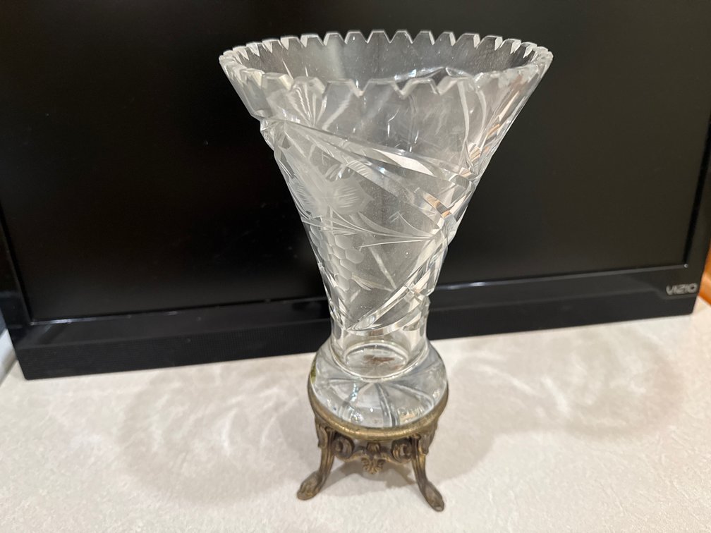 Etched Cut Glass & Ornate Metal Centerpiece