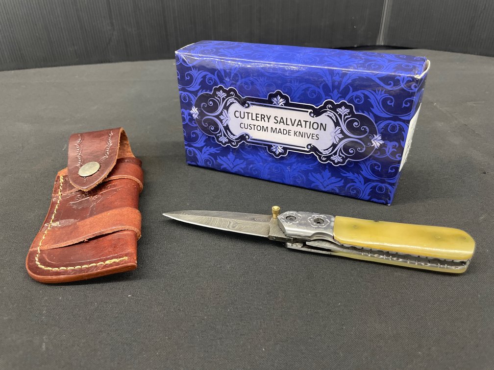 Cutlery Salvation Custom Damascus Folding Knife with Sheath
