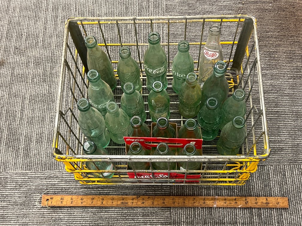 Vintage Coke Bottles, Wire Crate & Ruler