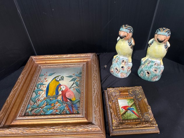 Image for Framed Macaw Paintings & Ceramic Bird Figurines