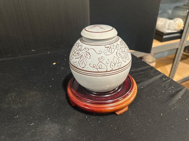 Image for Glazed Ceramic Lidded Jar and Wooden Stand
