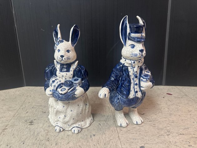 Image for Blue and White Crackle Glaze Rabbit Figurines