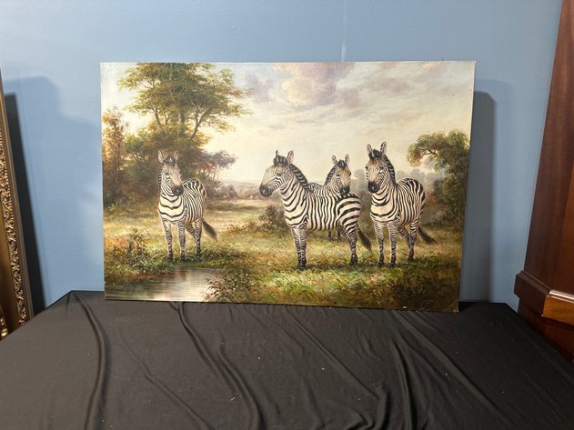 Image for Signed Zebra Landscape Canvas Painting